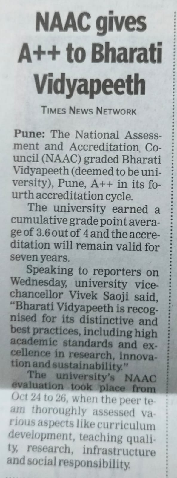 Accreditation With Highest Grade "A++" By NAAC with CGPA 3.6