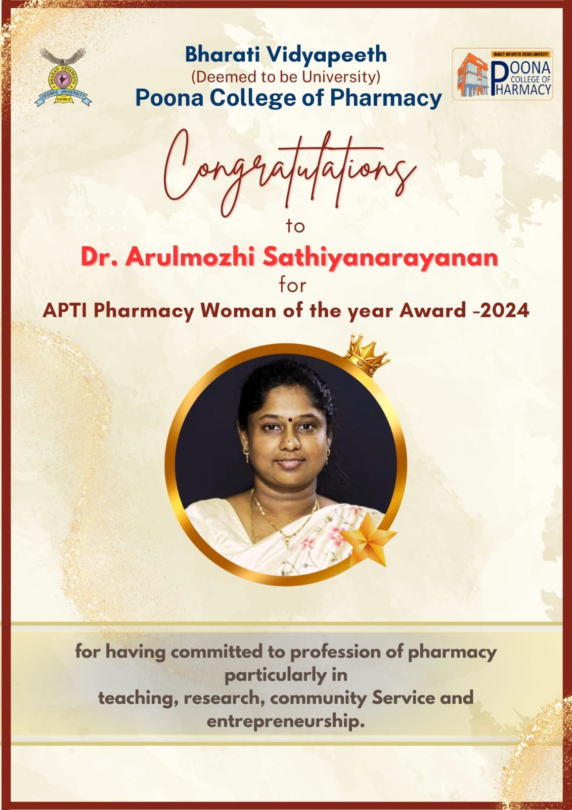 Dr. Arulmozhi APTI Award Oct Sep 2024